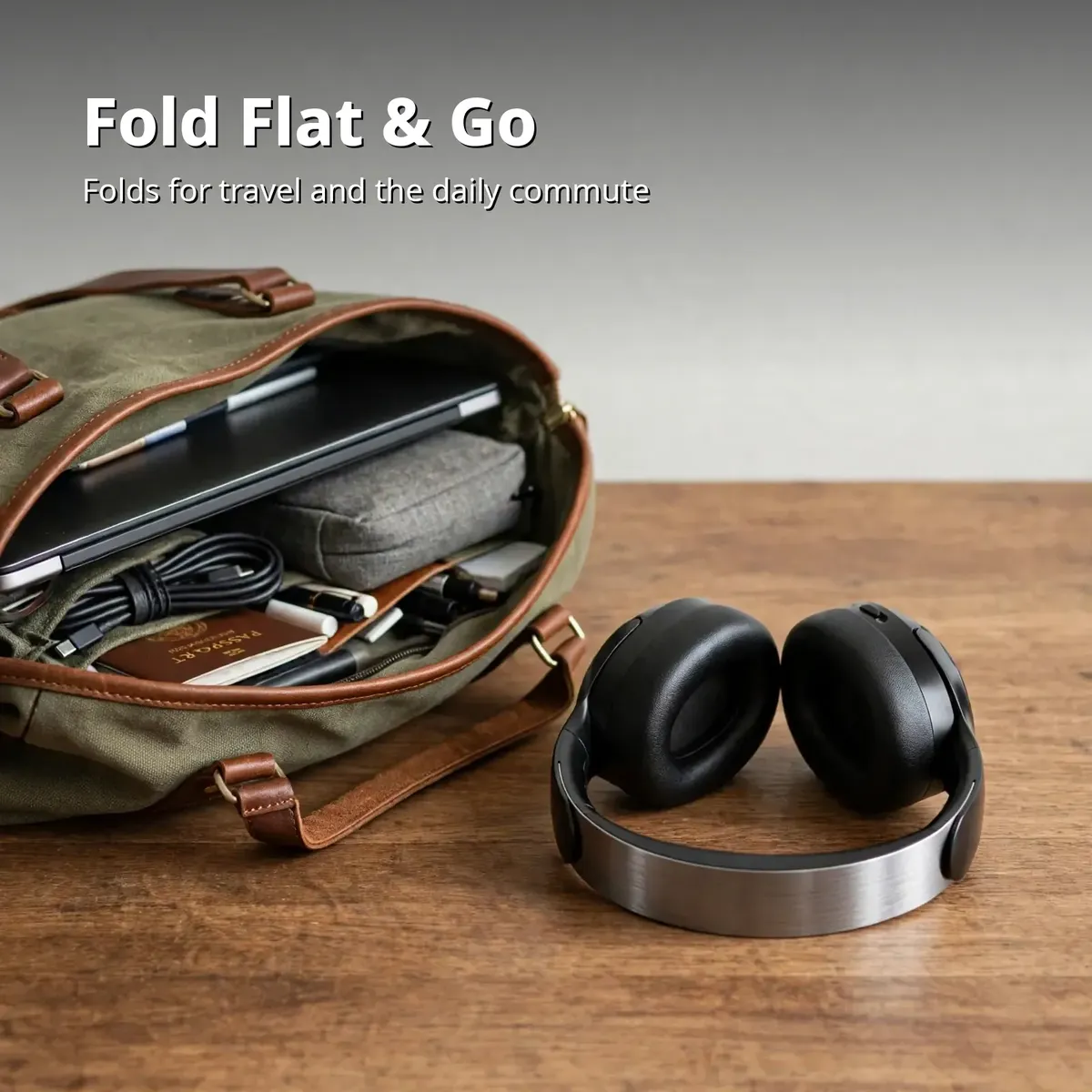 ACEFAST H5 travel promo showing the folded headset beside an open travel bag — Fold Flat & Go. Folds for travel and the daily commute.