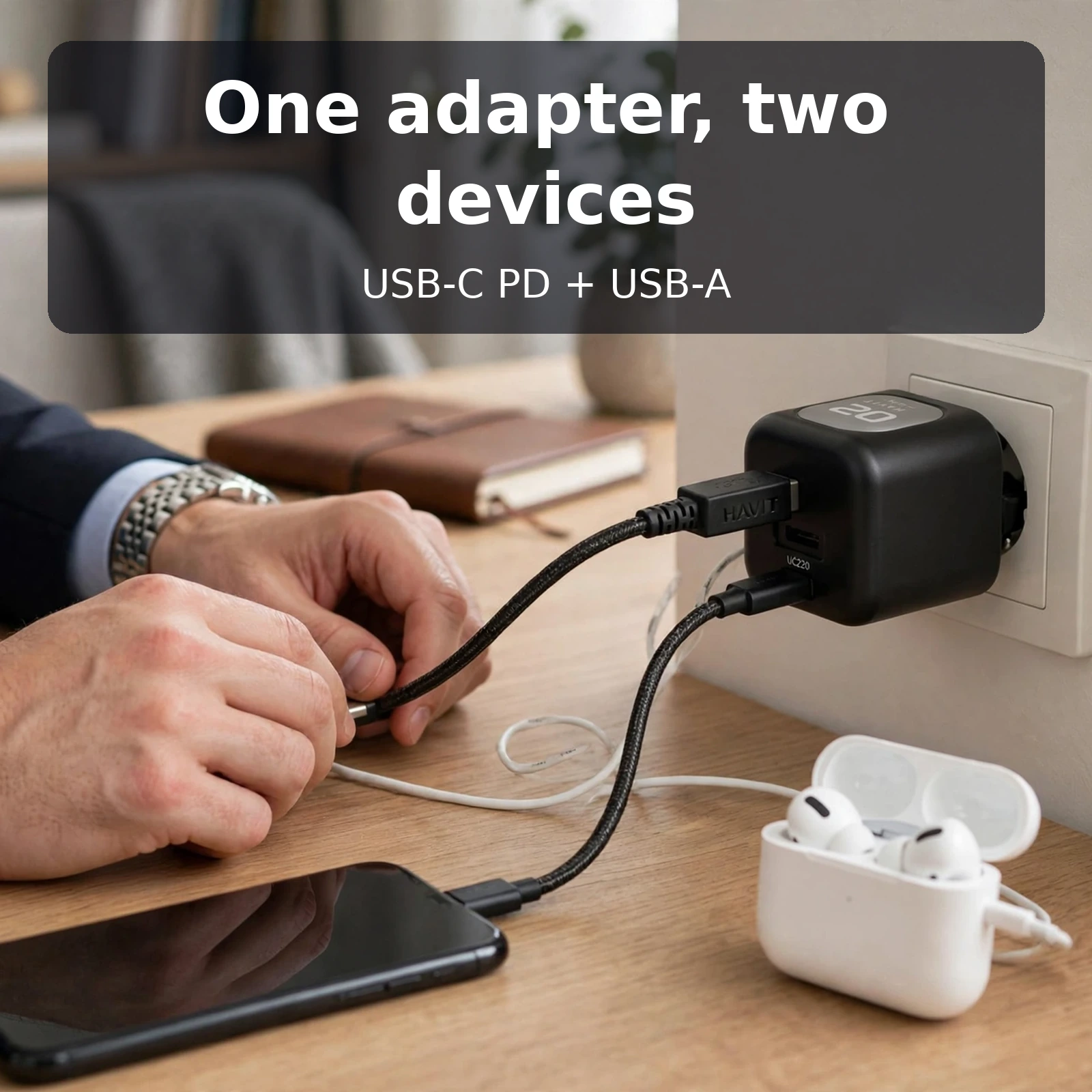 Havit UC220 20W dual port charger charging phone and earbuds together