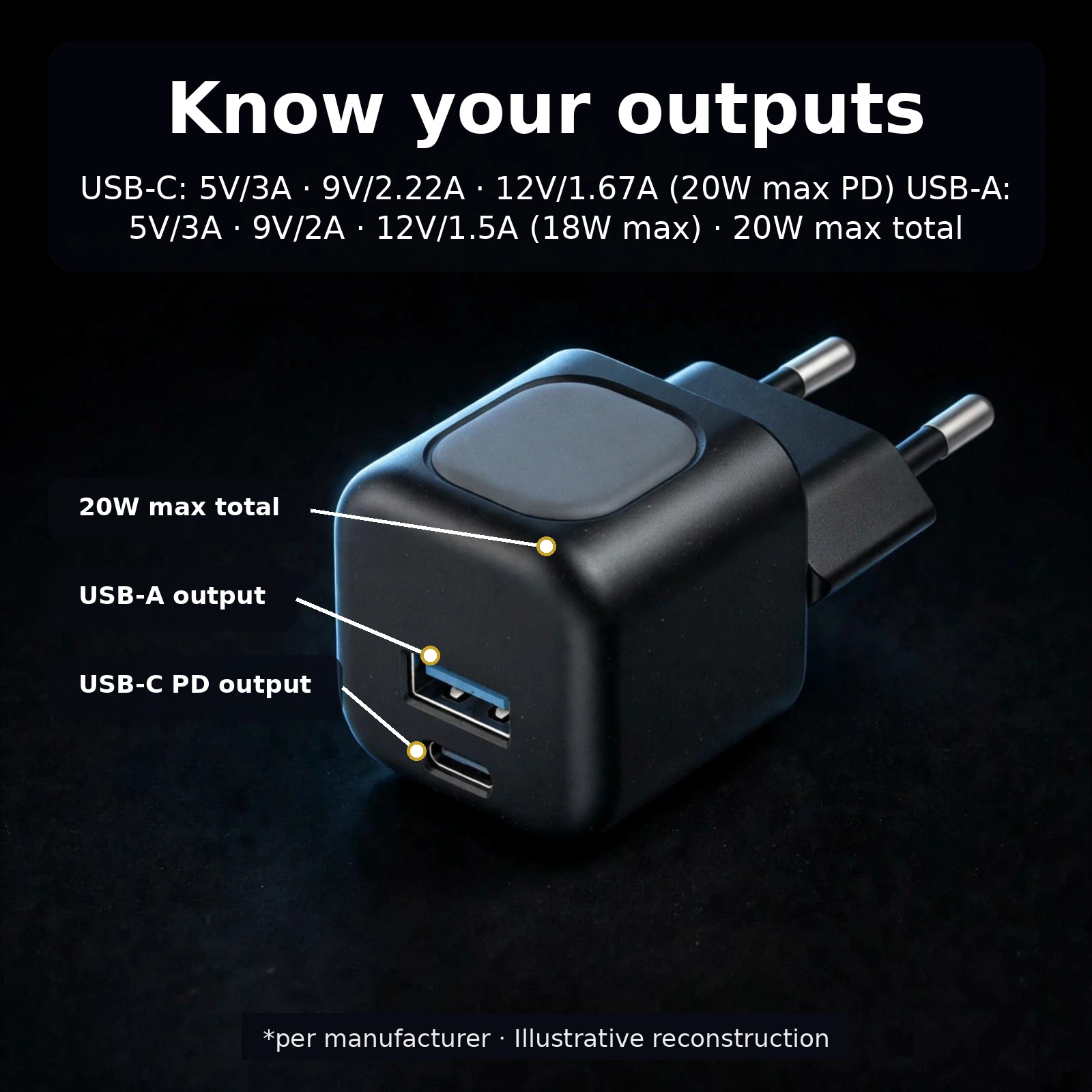 Havit UC220 output modes USB-C 20W PD and USB-A 18W diagram