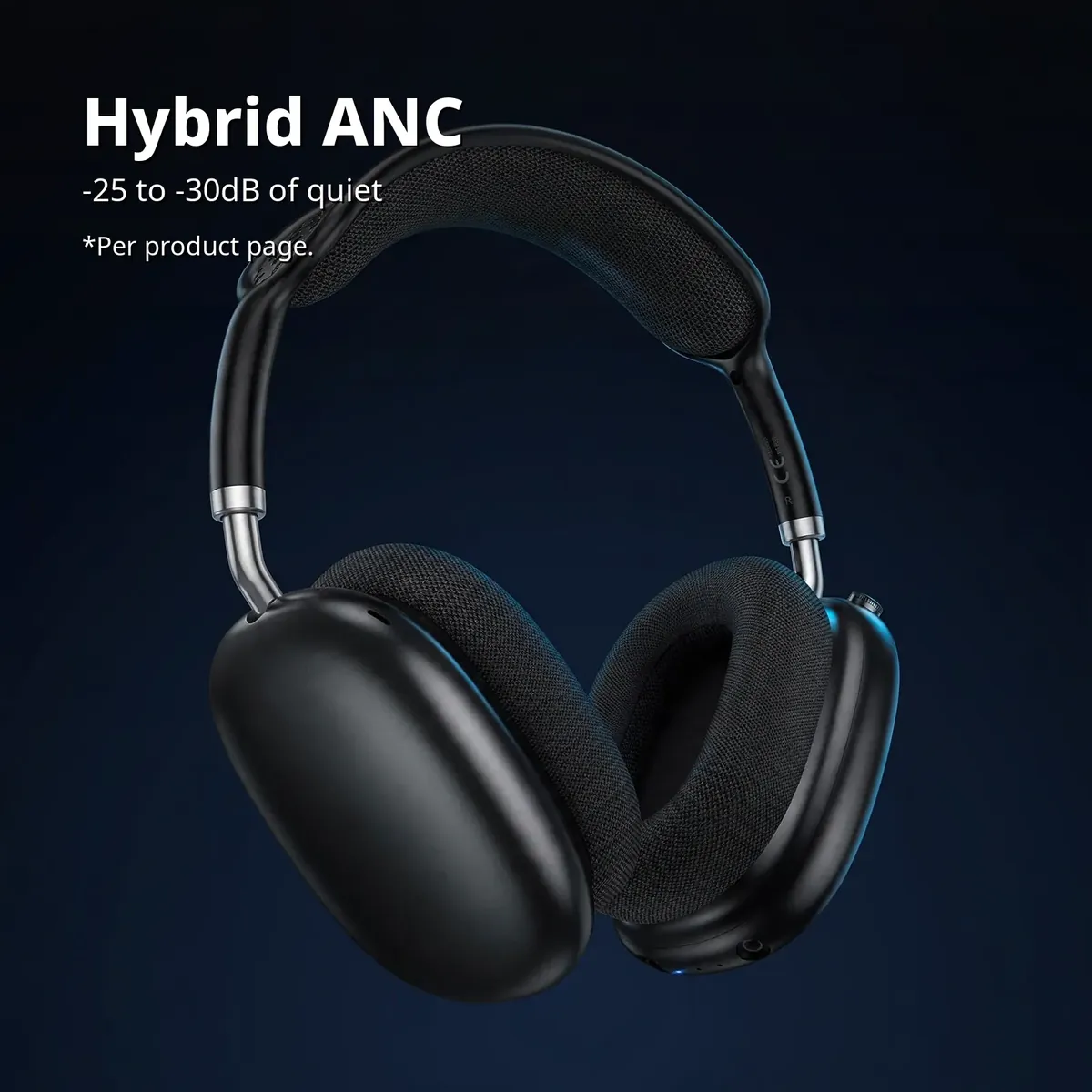 Hoco W100 Shadow feature card showing the black over-ear headphones on a dark navy gradient — Hybrid ANC. -25 to -30dB of quiet, per product page.