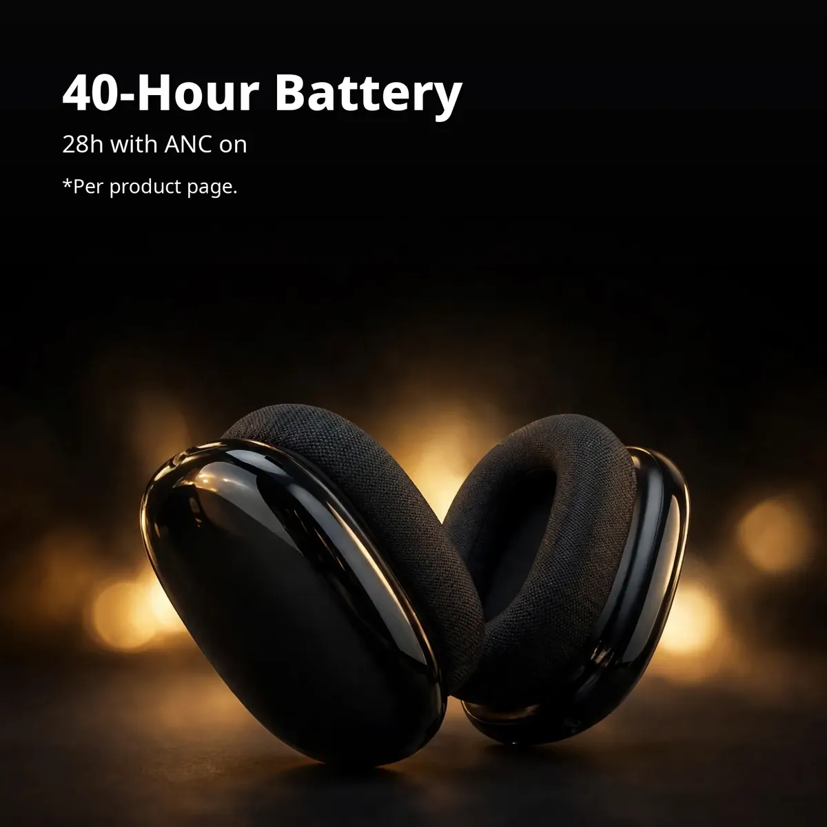 Hoco W100 Shadow battery card showing the folded headphones in warm light — 40-Hour Battery. 28h with ANC on, per product page.