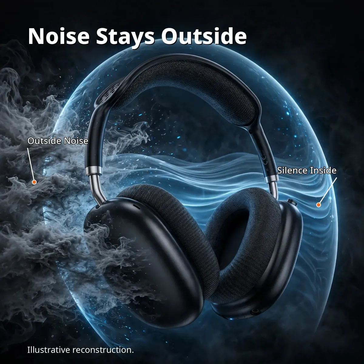 Hoco W100 Shadow ANC infographic showing noise waves blocked by a silence shield — Noise Stays Outside. Illustrative reconstruction.
