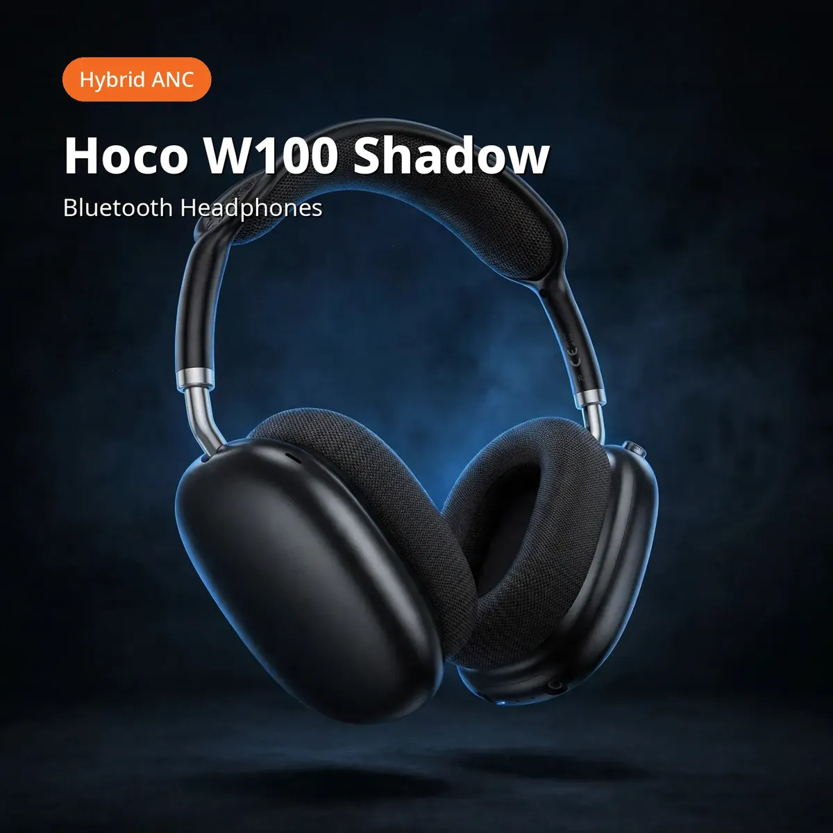 Hoco W100 Shadow promo hero on dark blue — Hoco W100 Shadow Bluetooth Headphones. Hybrid ANC chip.