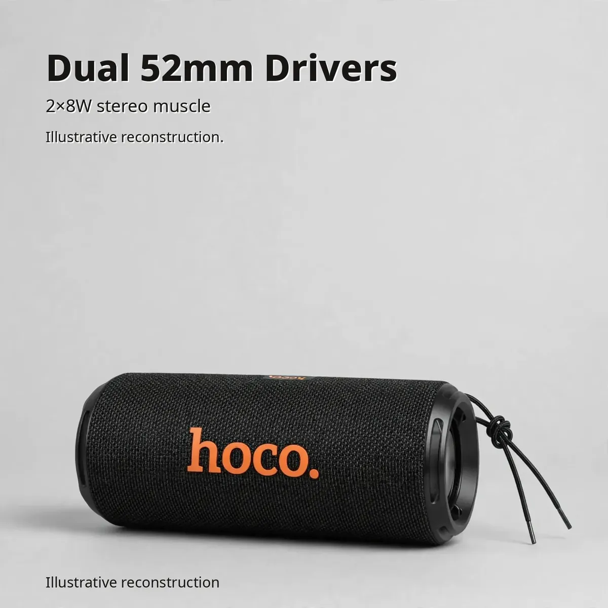 Hoco HC27 driver infographic — Dual 52mm Drivers. 2x8W stereo muscle. Illustrative reconstruction.