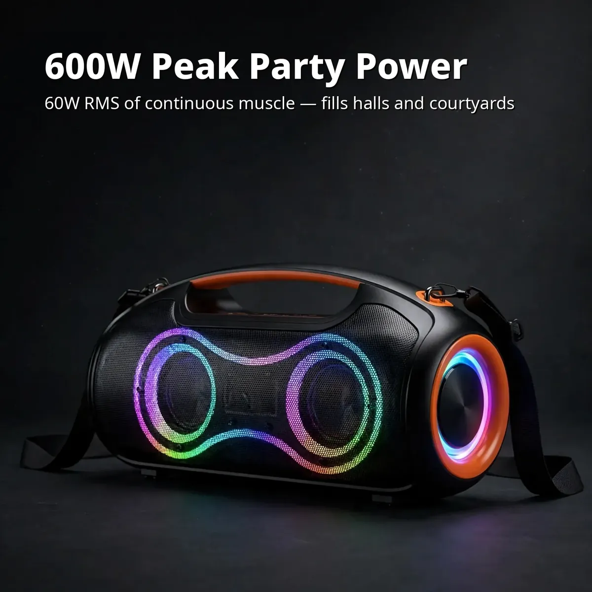 Hoco DS67 power card showing the black horizontal boombox with glowing RGB light rings — 600W Peak Party Power headline on dark studio backdrop