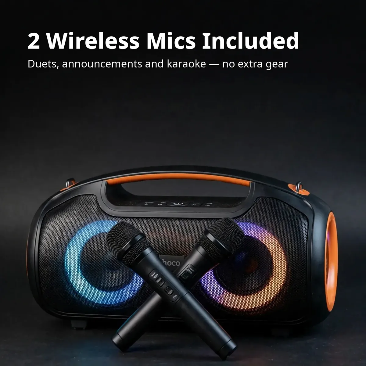 Hoco DS67 microphones card showing two wireless microphones crossed in front of the speaker — 2 Wireless Mics Included on dark studio backdrop