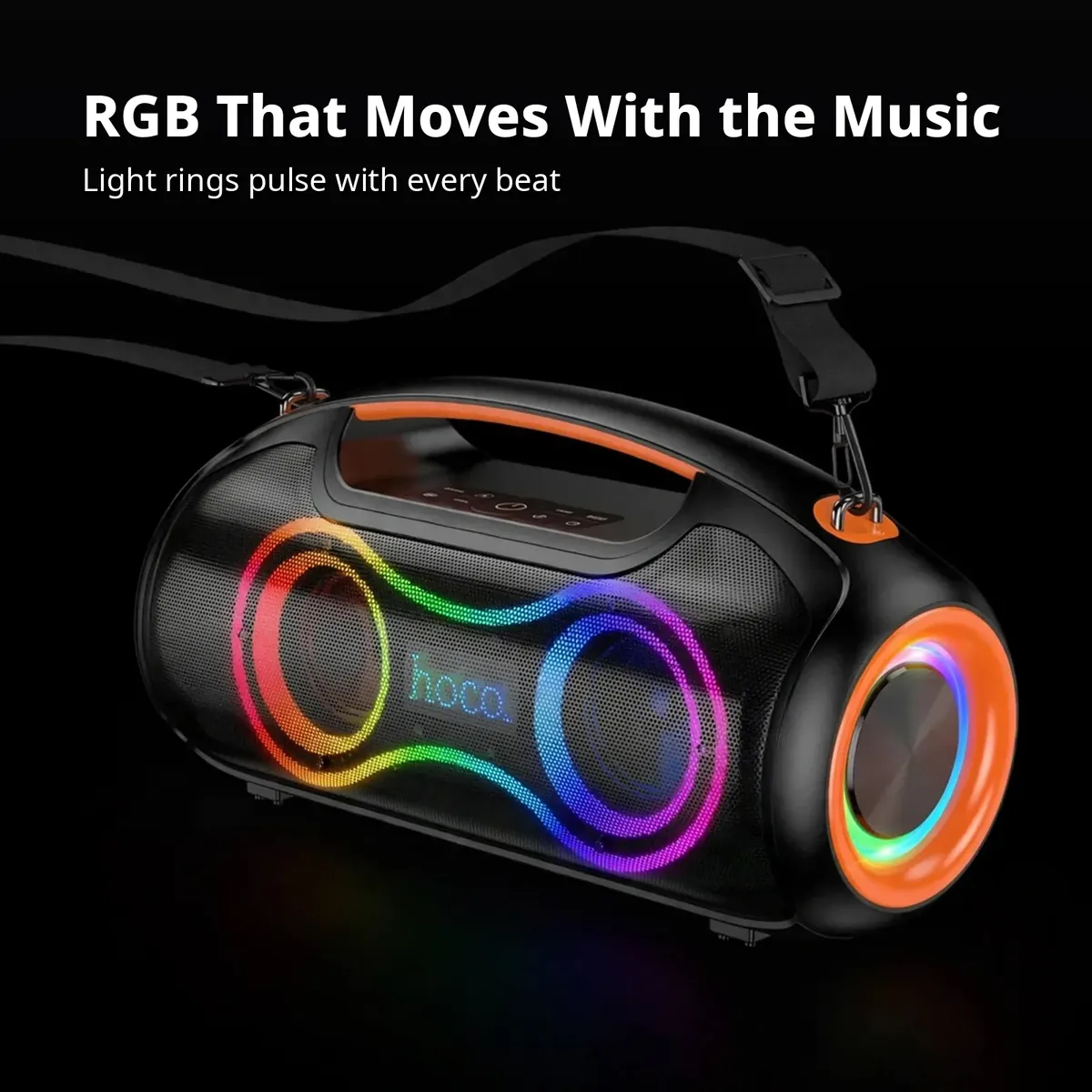 Hoco DS67 RGB card showing the speaker with RGB light rings in full color — RGB That Moves With the Music on black backdrop