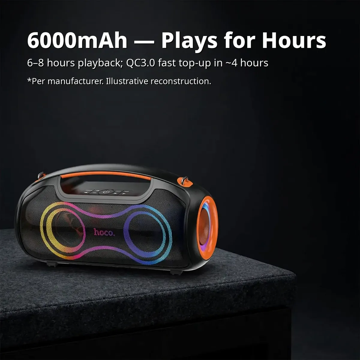 Hoco DS67 battery card showing the speaker with a battery gauge graphic — 6000mAh Plays for Hours headline on dark studio backdrop
