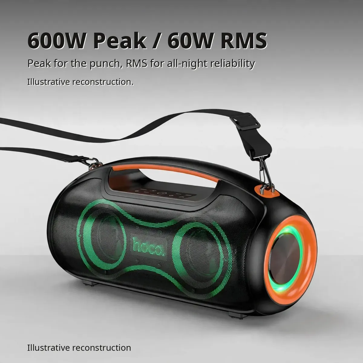 Hoco DS67 power infographic explaining peak versus RMS — 600W Peak / 60W RMS on clean gradient backdrop