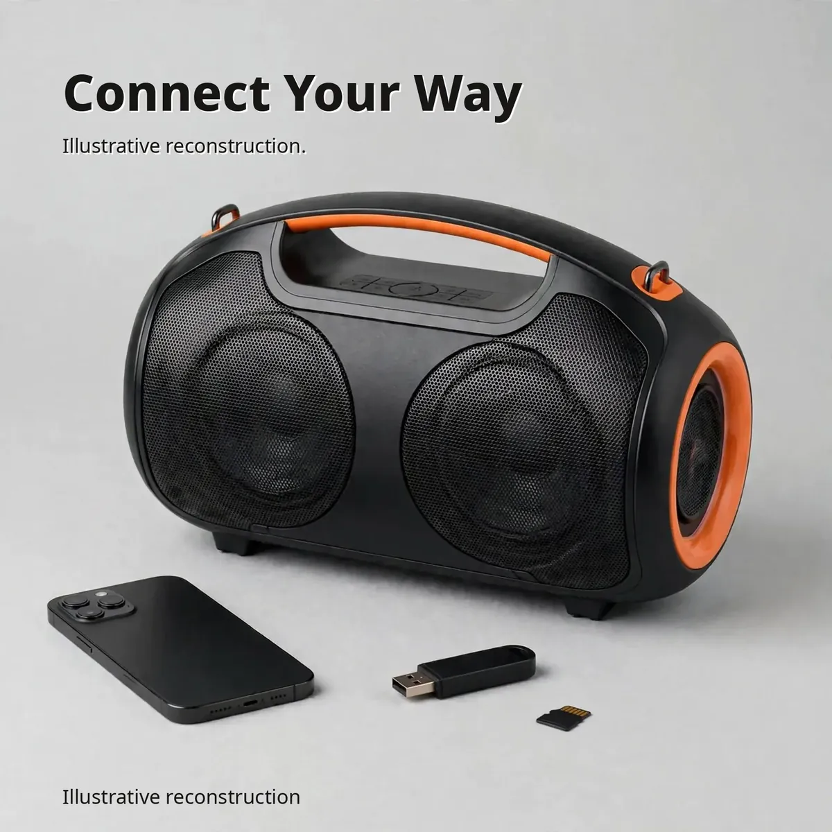 Hoco DS67 connectivity infographic showing the speaker with a phone, USB drive and TF card — Connect Your Way on light studio backdrop