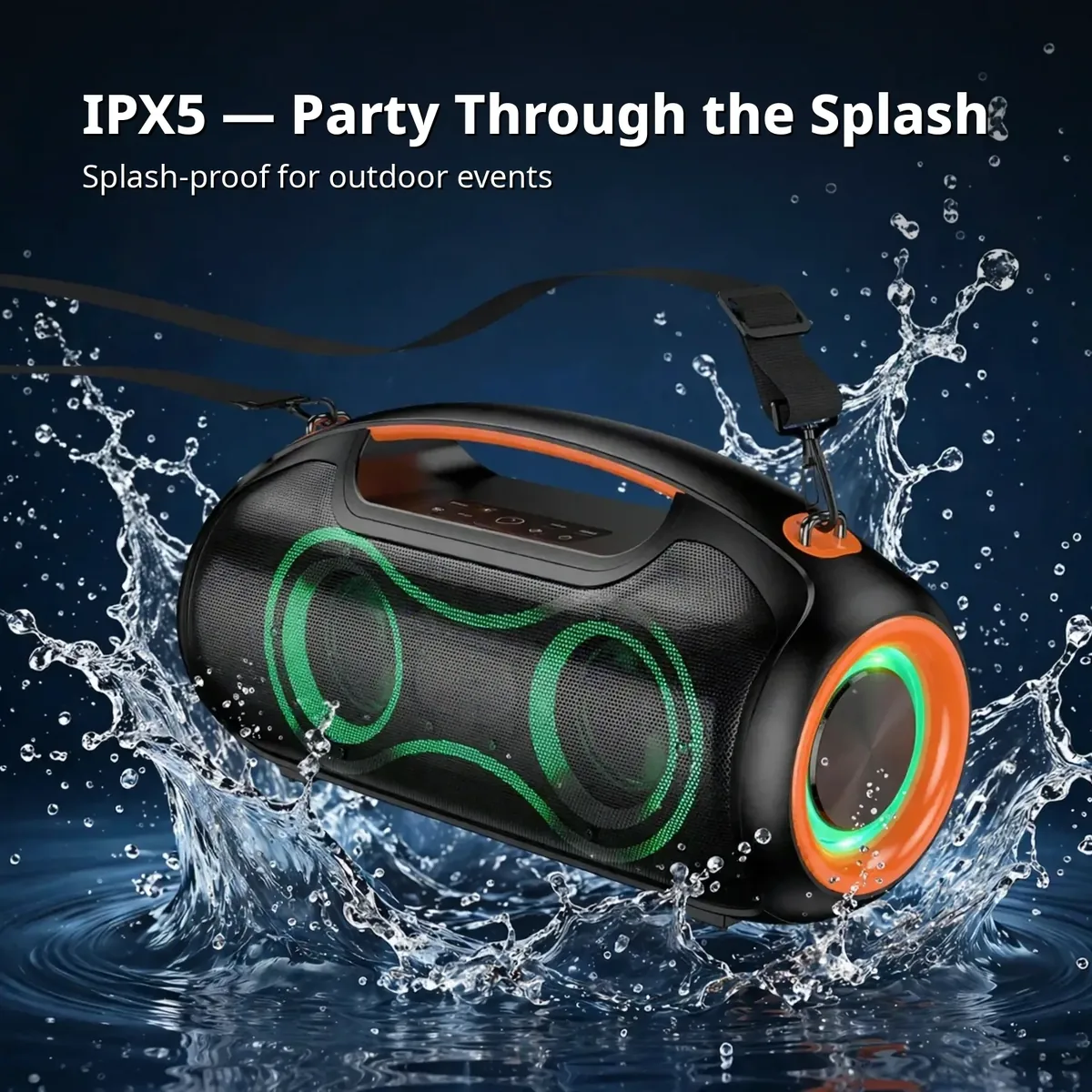 Hoco DS67 IPX5 card showing the speaker with a water-splash graphic — IPX5 Party Through the Splash on dark blue backdrop
