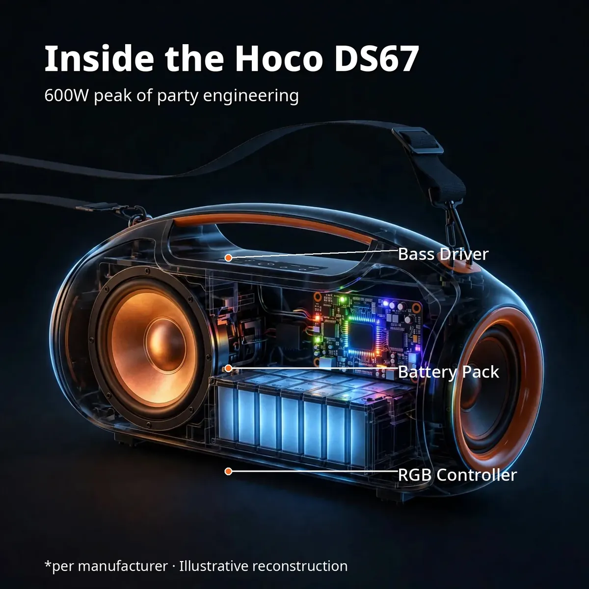 Hoco DS67 x-ray style cutaway with leader-line callouts for the bass driver, battery pack and RGB controller — Inside the Hoco DS67
