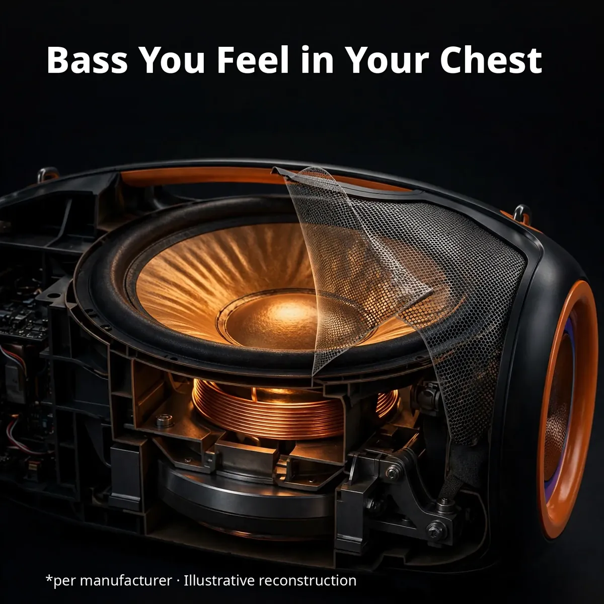 Hoco DS67 x-ray style driver close-up showing the glowing bass driver — Bass You Feel in Your Chest