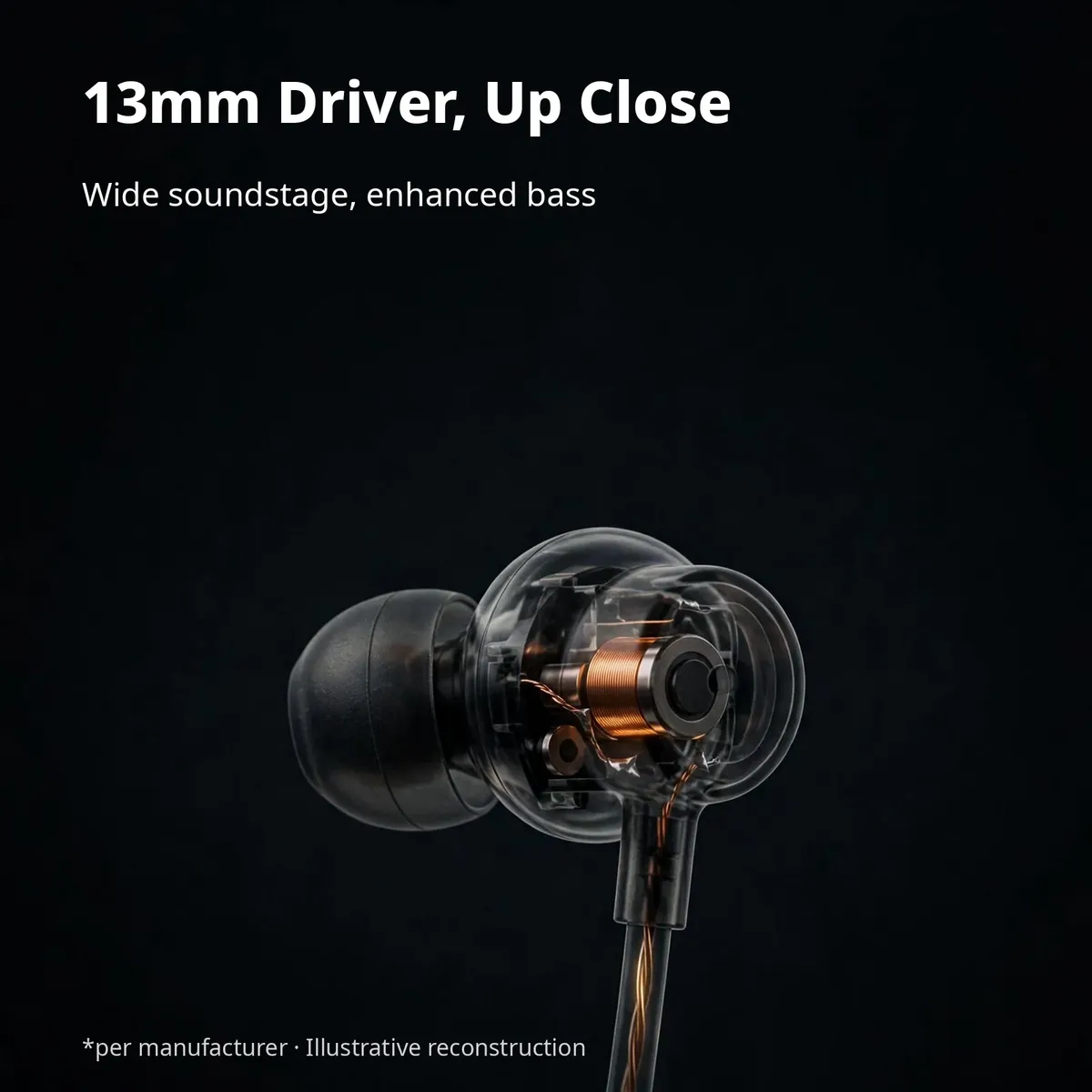 HOCO ES3 Pro driver x-ray close-up — 13mm Driver, Up Close. Wide soundstage, enhanced bass. Per manufacturer, illustrative reconstruction.