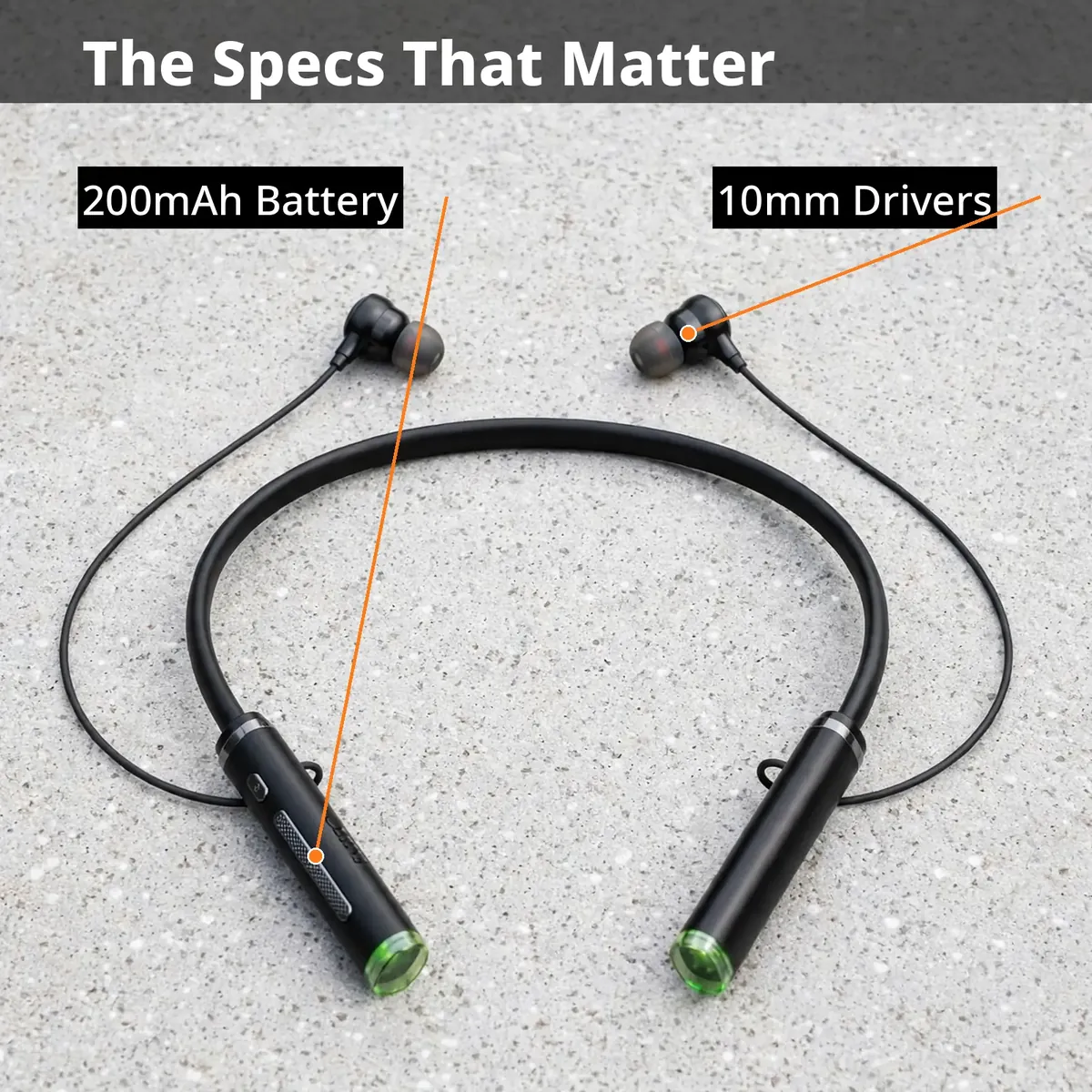 Hoco ES72 specs infographic — The Specs That Matter, with callouts for 200mAh battery and 10mm drivers. Illustrative reconstruction.