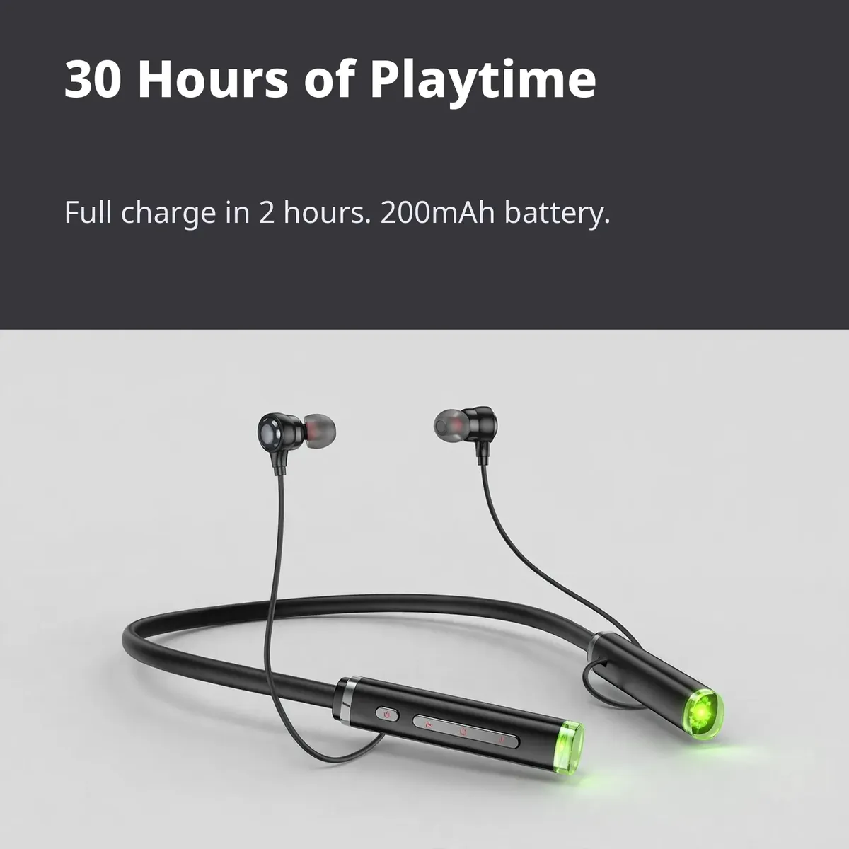 Hoco ES72 charging infographic — 30 Hours of Playtime. Full charge in 2 hours. 200mAh battery. Illustrative reconstruction.