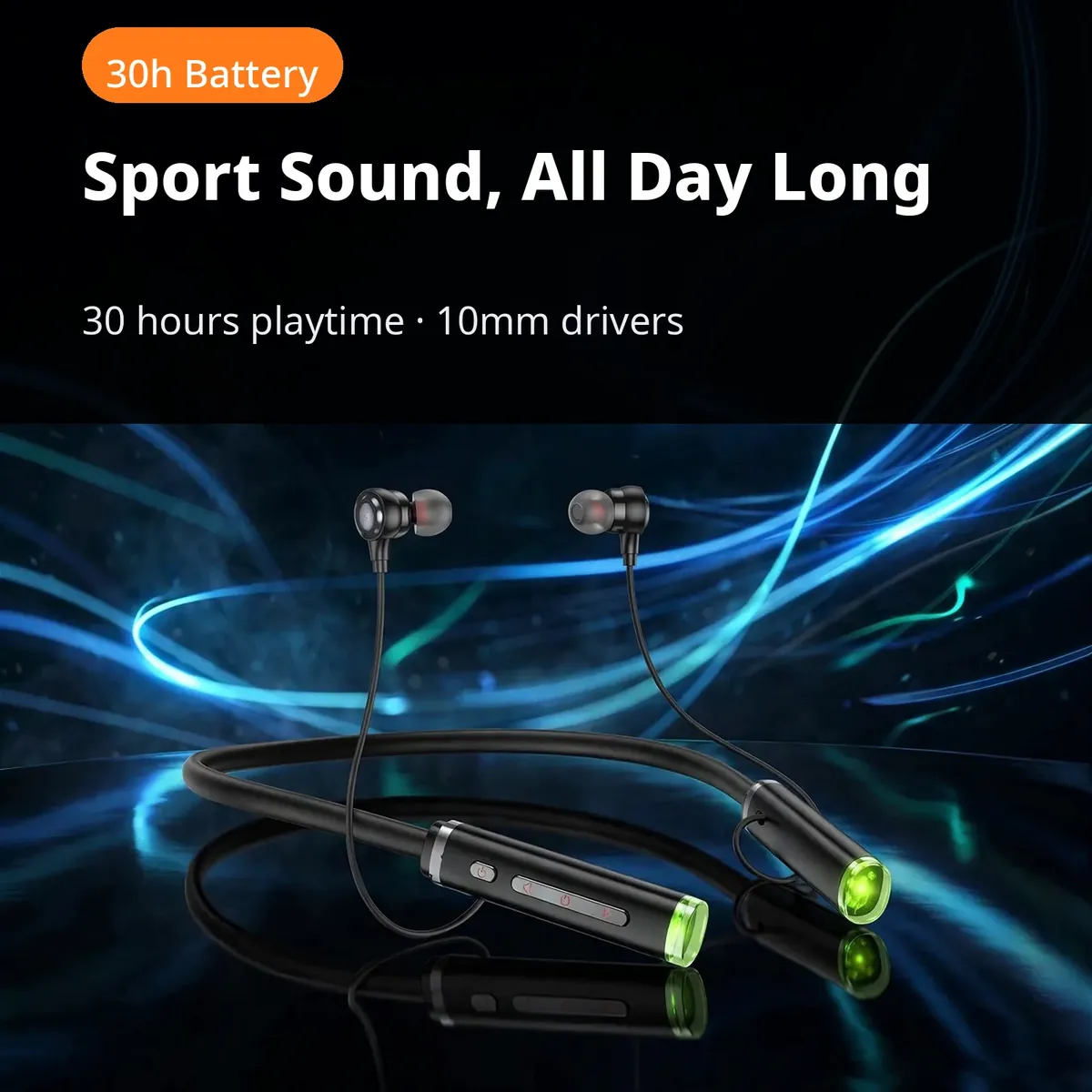 Hoco ES72 sport promo — Sport Sound, All Day Long. 30h Battery chip; 30 hours playtime, 10mm drivers.
