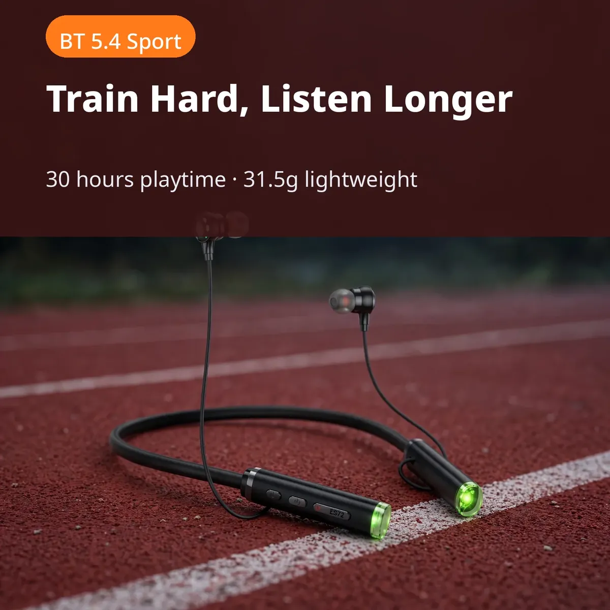 Hoco ES72 training promo — Train Hard, Listen Longer. BT 5.4 Sport chip; 30 hours playtime, 31.5g lightweight.