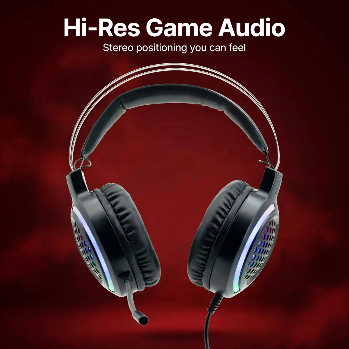 Hoco ESD03 feature card showing the black gaming headset on a dark red gradient — Hi-Res Game Audio. Stereo positioning you can feel.