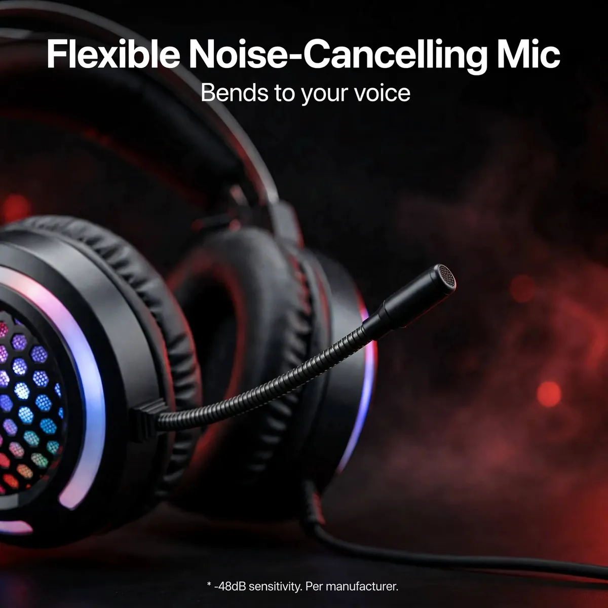 Hoco ESD03 microphone card showing the flexible boom mic close-up — Flexible Noise-Cancelling Mic. Bends to your voice. -48dB sensitivity per manufacturer.