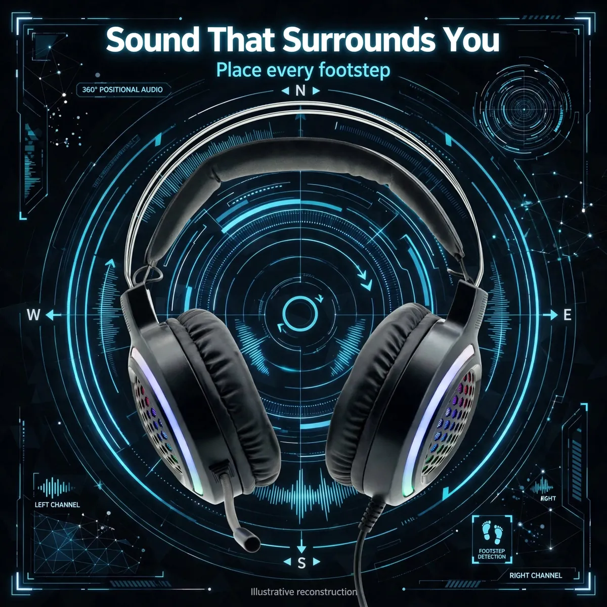 Hoco ESD03 positional-audio infographic with directional markers — Sound That Surrounds You. Place every footstep. Illustrative reconstruction.