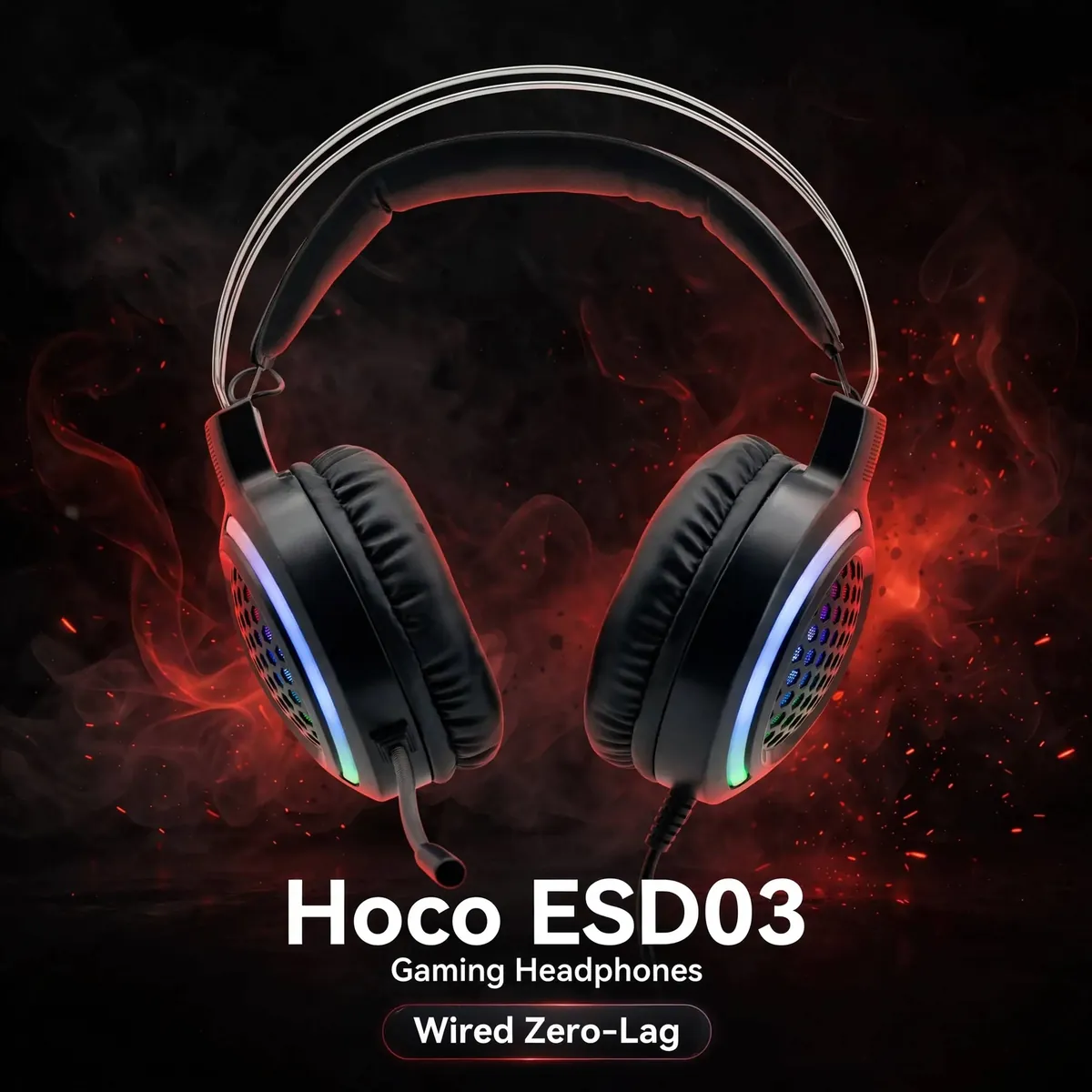 Hoco ESD03 promo hero on a dark backdrop — Hoco ESD03 Gaming Headphones. Wired Zero-Lag chip.