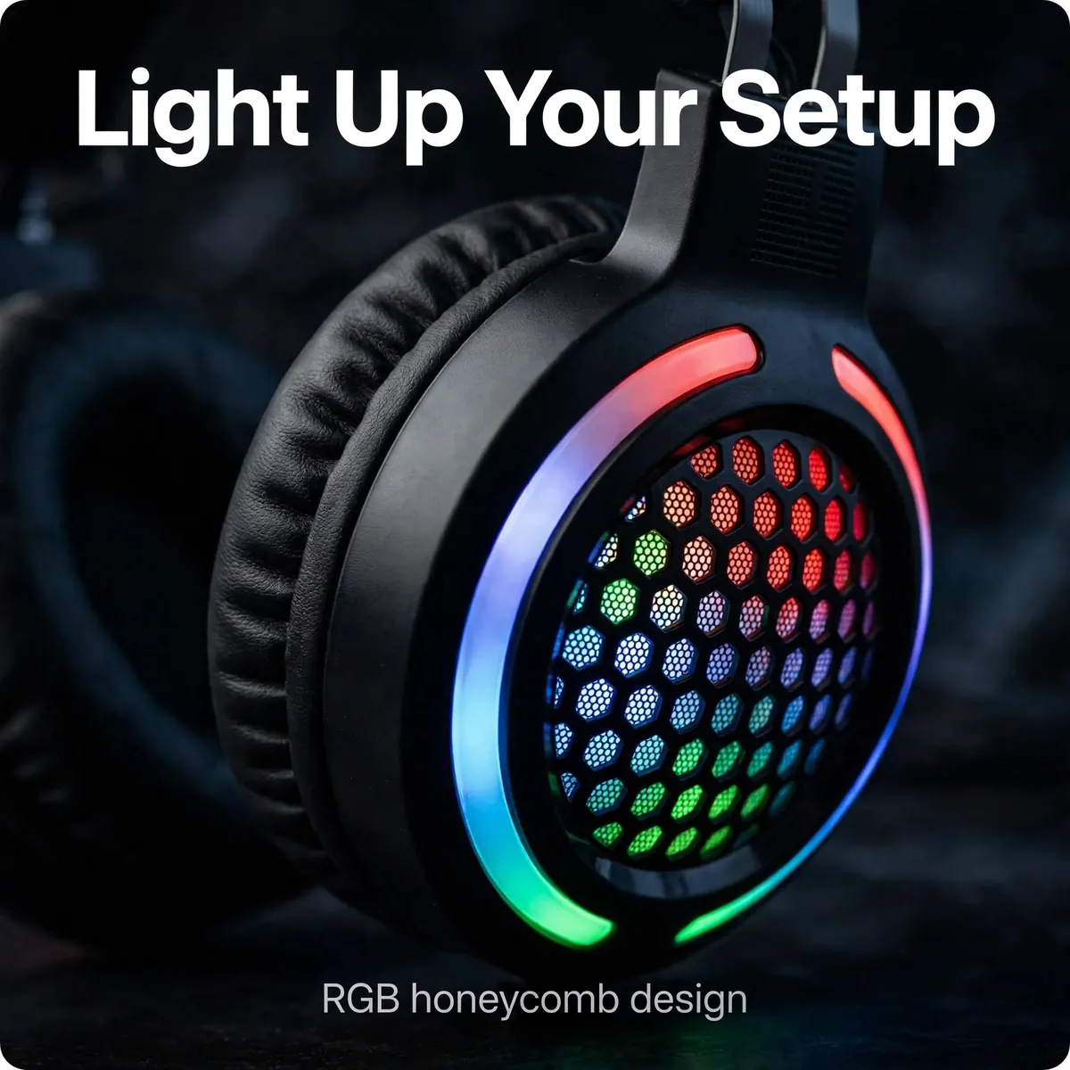 Hoco ESD03 promo macro of the glowing honeycomb grille — Light Up Your Setup. RGB honeycomb design.