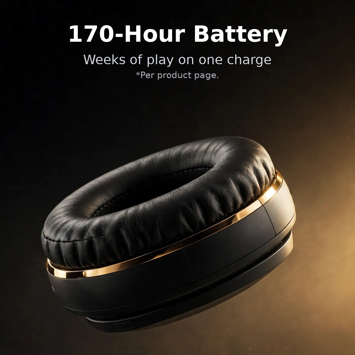 Hoco ESD35 Pro battery card showing the black over-ear headphone earcup with warm glow — 170-Hour Battery. Weeks of play on one charge.