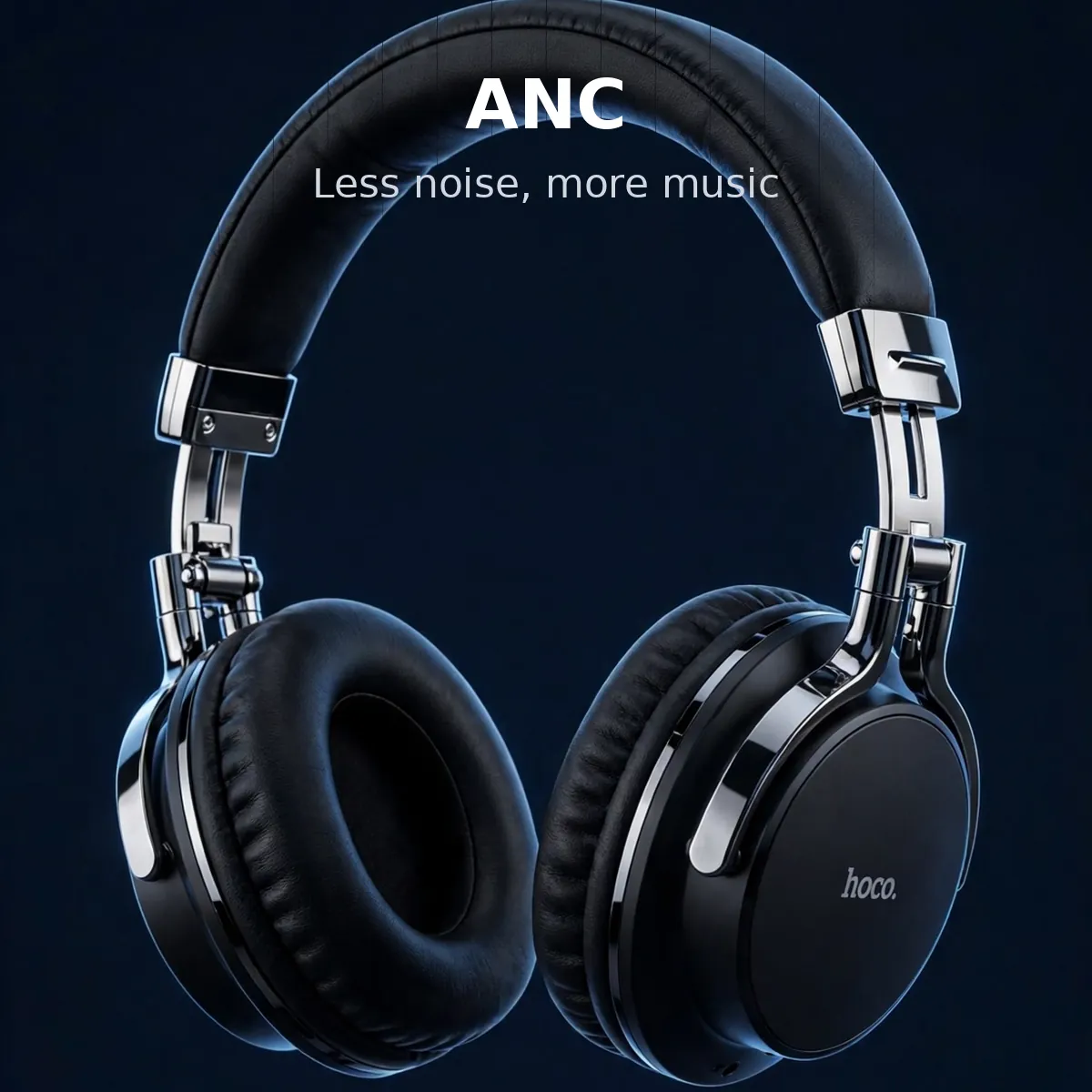 Hoco ESD35 Pro ANC card showing the floating black over-ear headphone on dark navy — ANC. Less noise, more music.