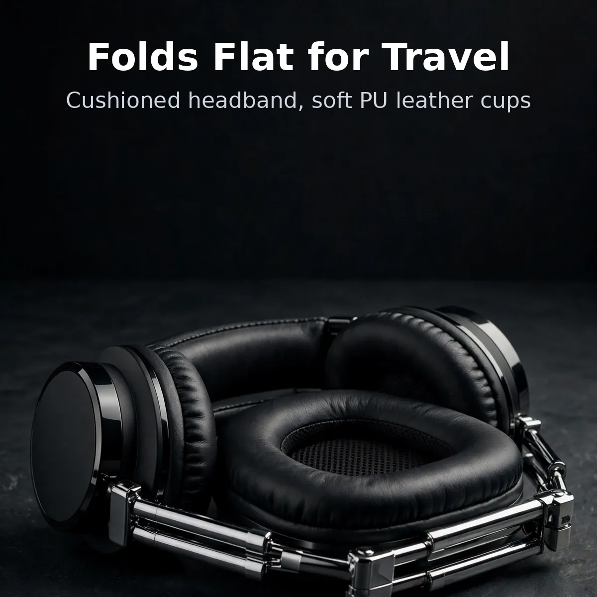 Hoco ESD35 Pro comfort card showing the folded headphone with cushions — Folds Flat for Travel. Cushioned headband, soft PU leather cups.