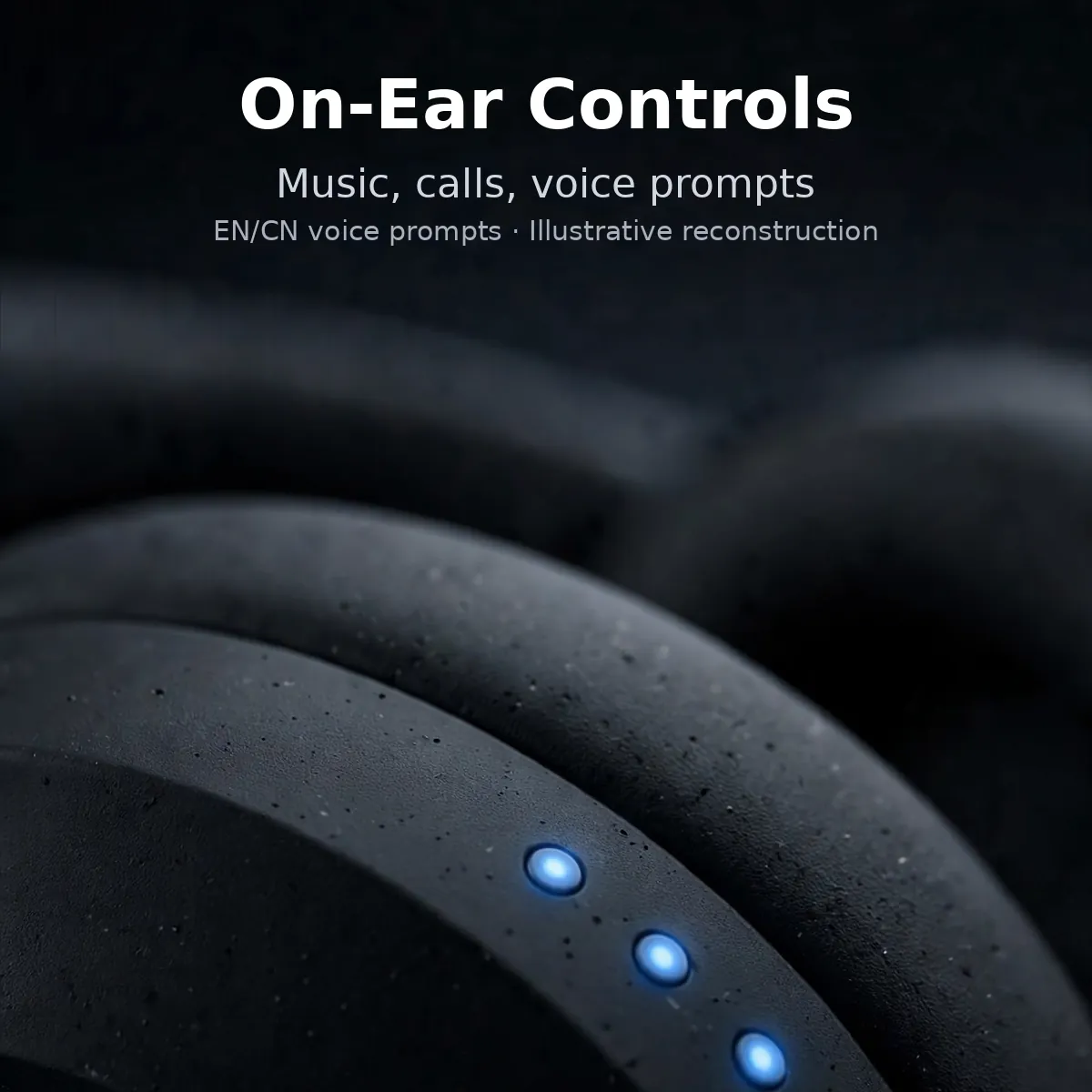 Hoco ESD35 Pro controls infographic with glowing on-ear buttons — On-Ear Controls. Music, calls, voice prompts. Illustrative reconstruction.