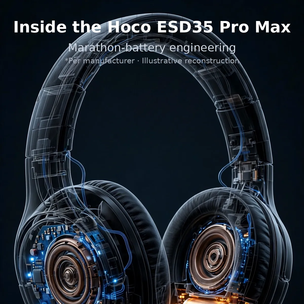 Hoco ESD35 Pro x-ray cutaway showing glowing internals — Inside the Hoco ESD35 Pro Max. Marathon-battery engineering. Illustrative reconstruction.