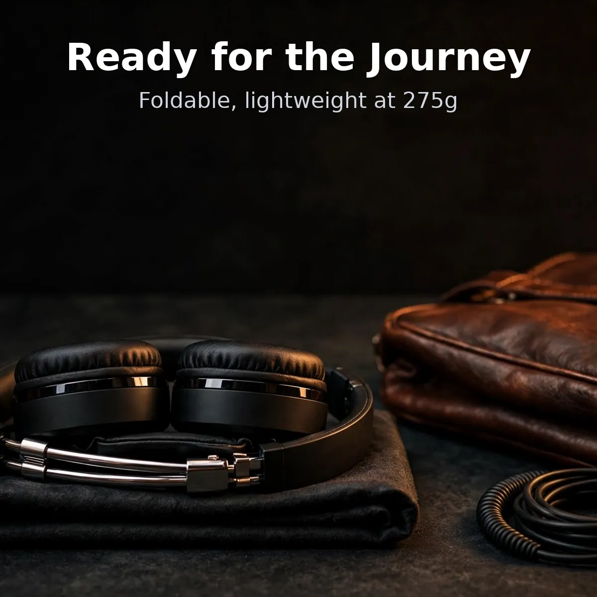 Hoco ESD35 Pro travel promo with folded headphone beside a travel bag — Ready for the Journey. Foldable, lightweight at 275g.