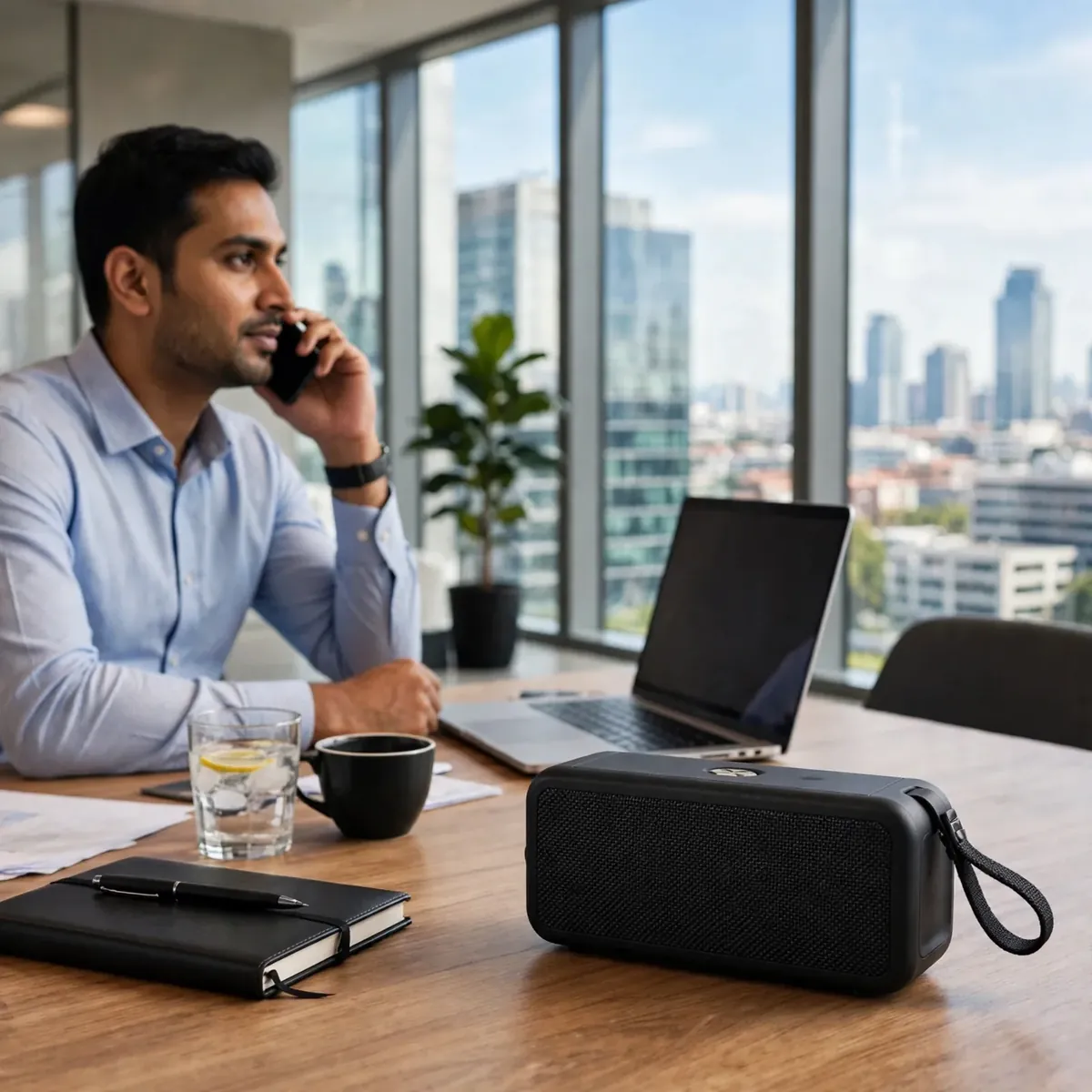Hoco HT1 Pro on an executive office desk beside a laptop, a man on a call