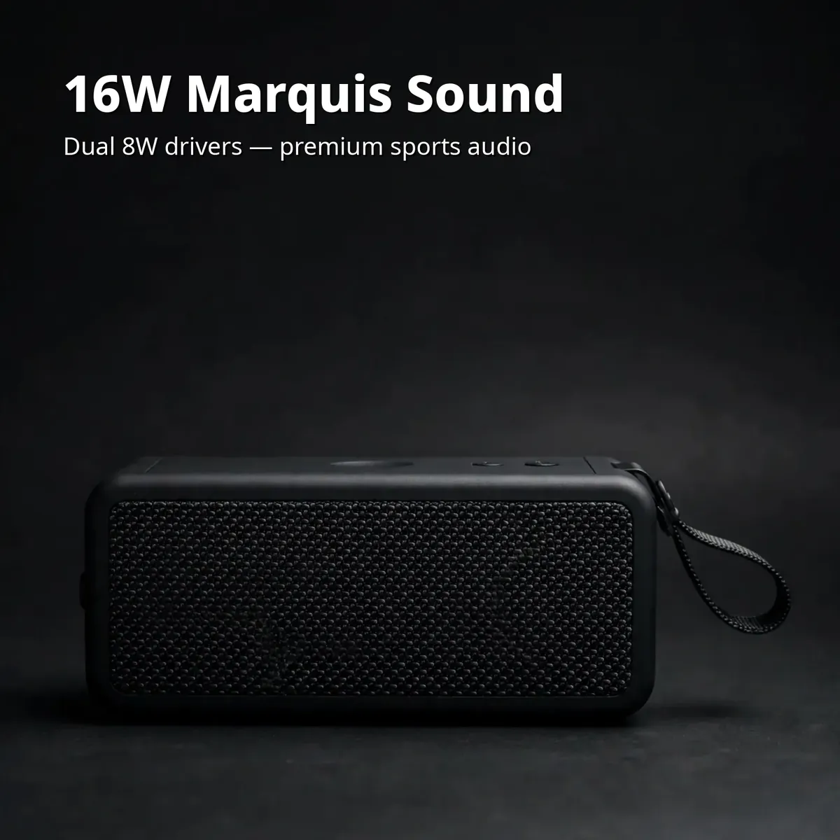 Hoco HT1 Pro power card showing 16W Marquis Sound with dual 8W drivers on dark studio backdrop