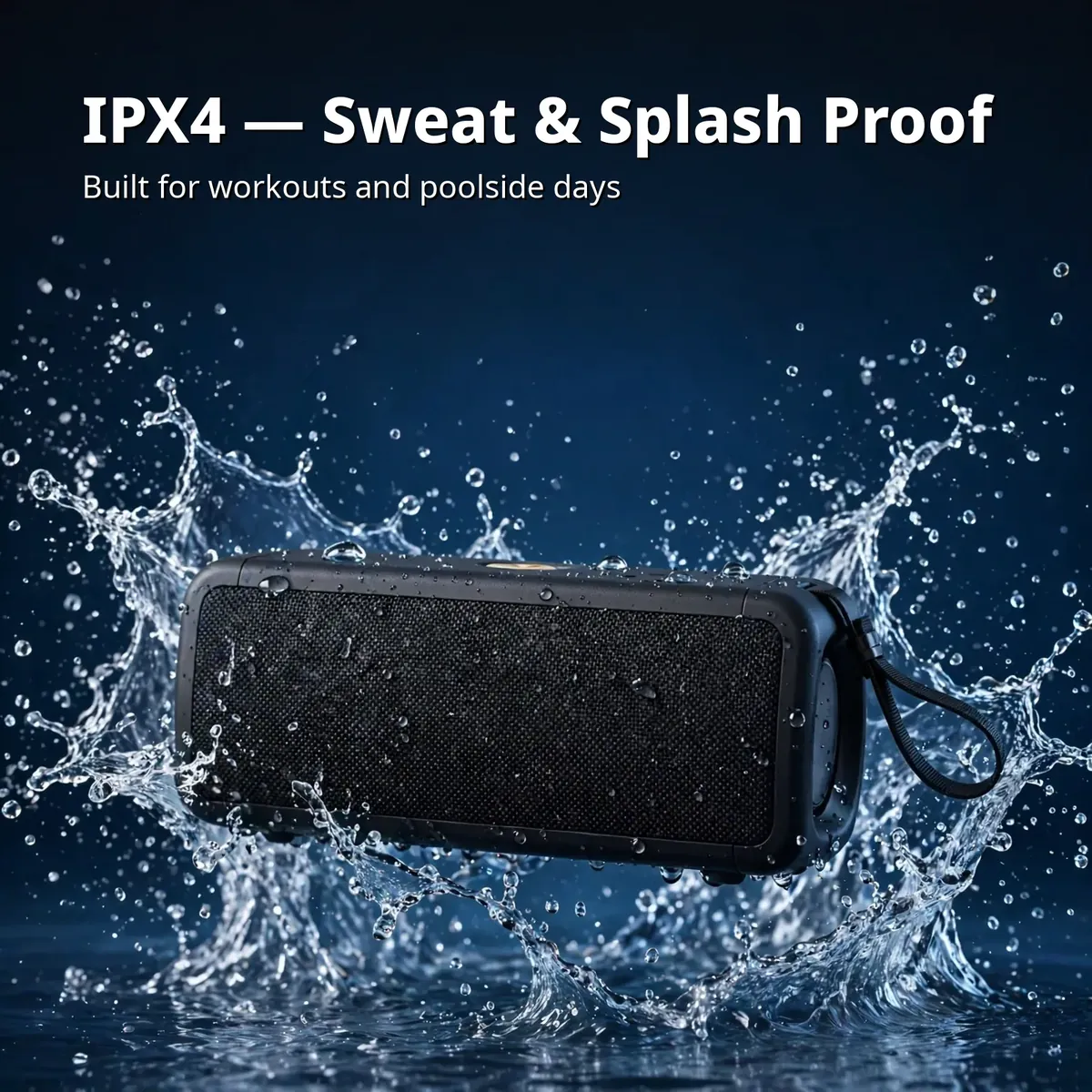 Hoco HT1 Pro waterproof card showing the speaker splashed with water, IPX4 sweat and splash proof