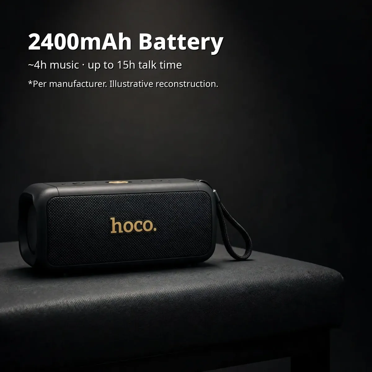Hoco HT1 Pro battery card showing 2400mAh battery with around 4 hours music and up to 15 hours talk time