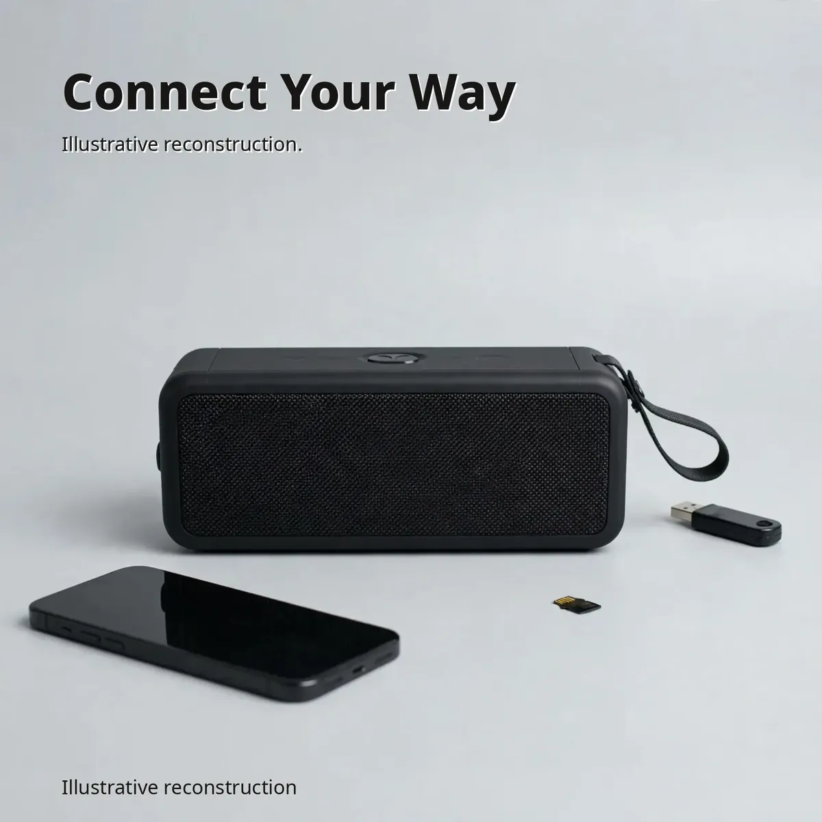 Hoco HT1 Pro connectivity card showing Bluetooth, phone, USB drive and TF card sources, illustrative reconstruction