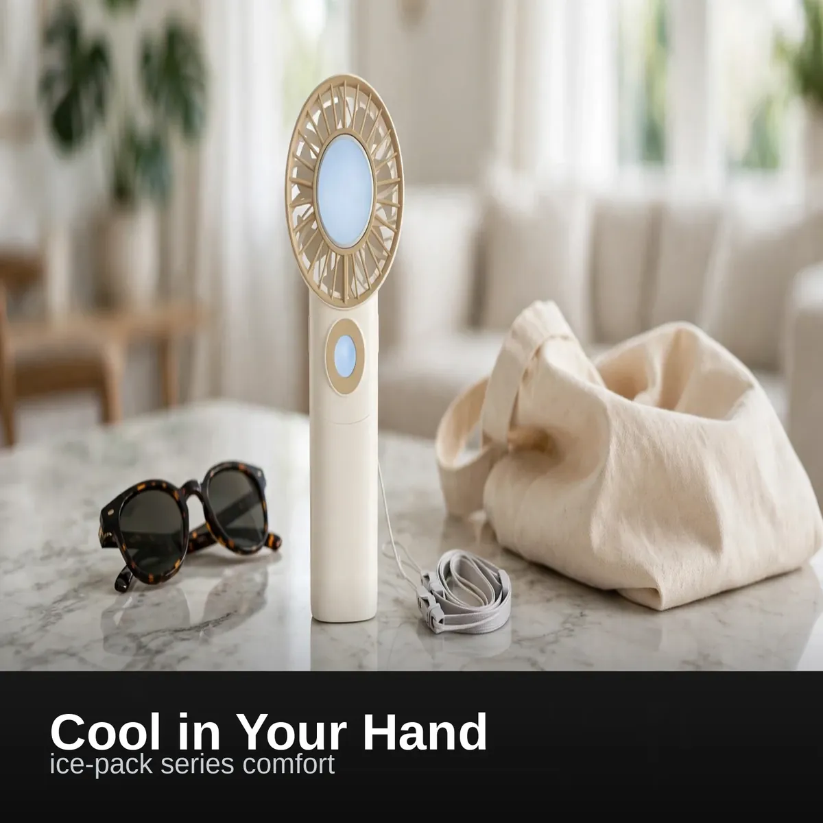 Hoco HX605 Ice Pack Series foldable handheld fan on a vanity table