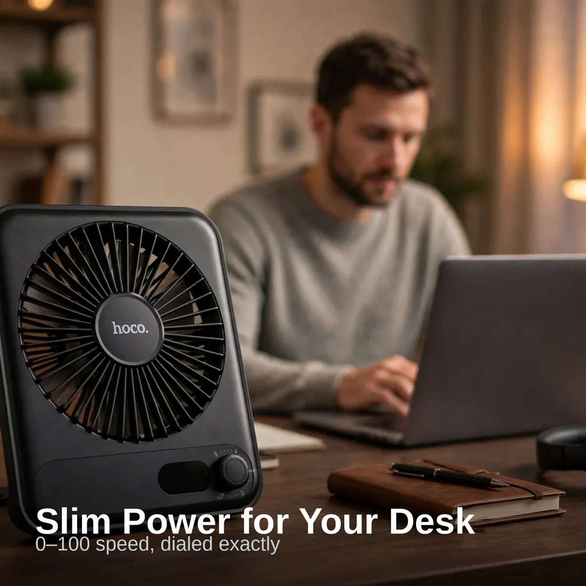 Hoco HX607 slim desktop fan on a desk, slim power for your desk