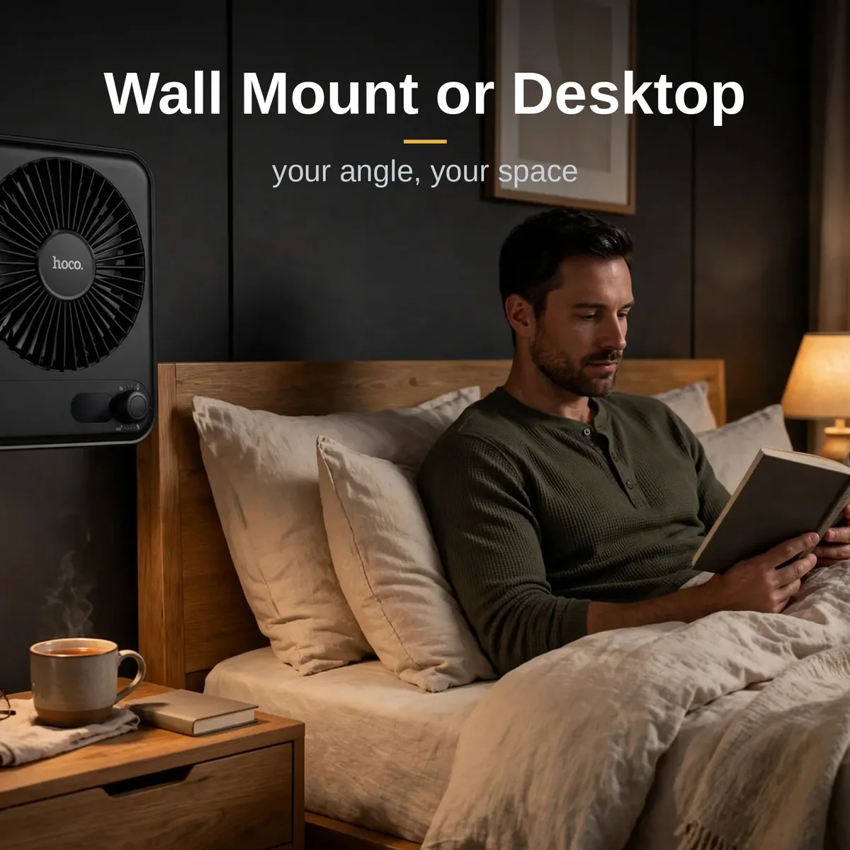 Hoco HX607 slim fan wall-mounted in a bedroom