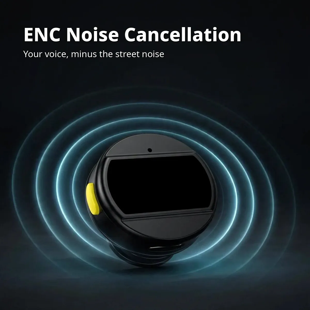 Hoco L21 ENC Noise Cancellation feature card showing the round black wireless microphone with its yellow side button surrounded by blue sound-wave rings — Noise Out. Voice In. Your voice, minus the street noise.