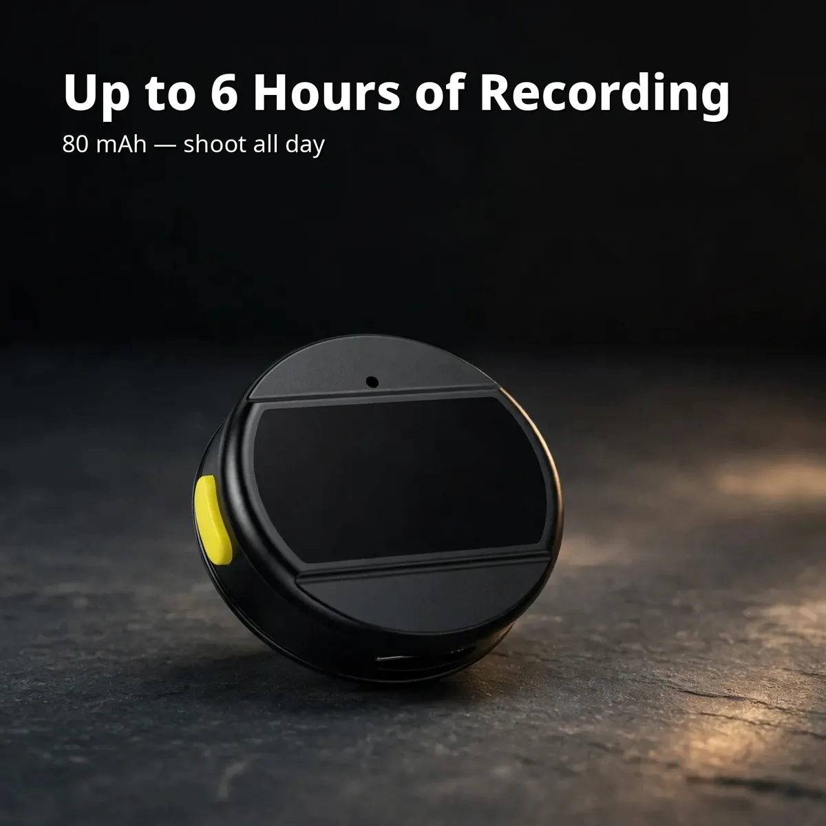 Hoco L21 battery feature card showing the round black wireless microphone — Up to 6 Hours of Recording. 80 mAh — shoot all day.