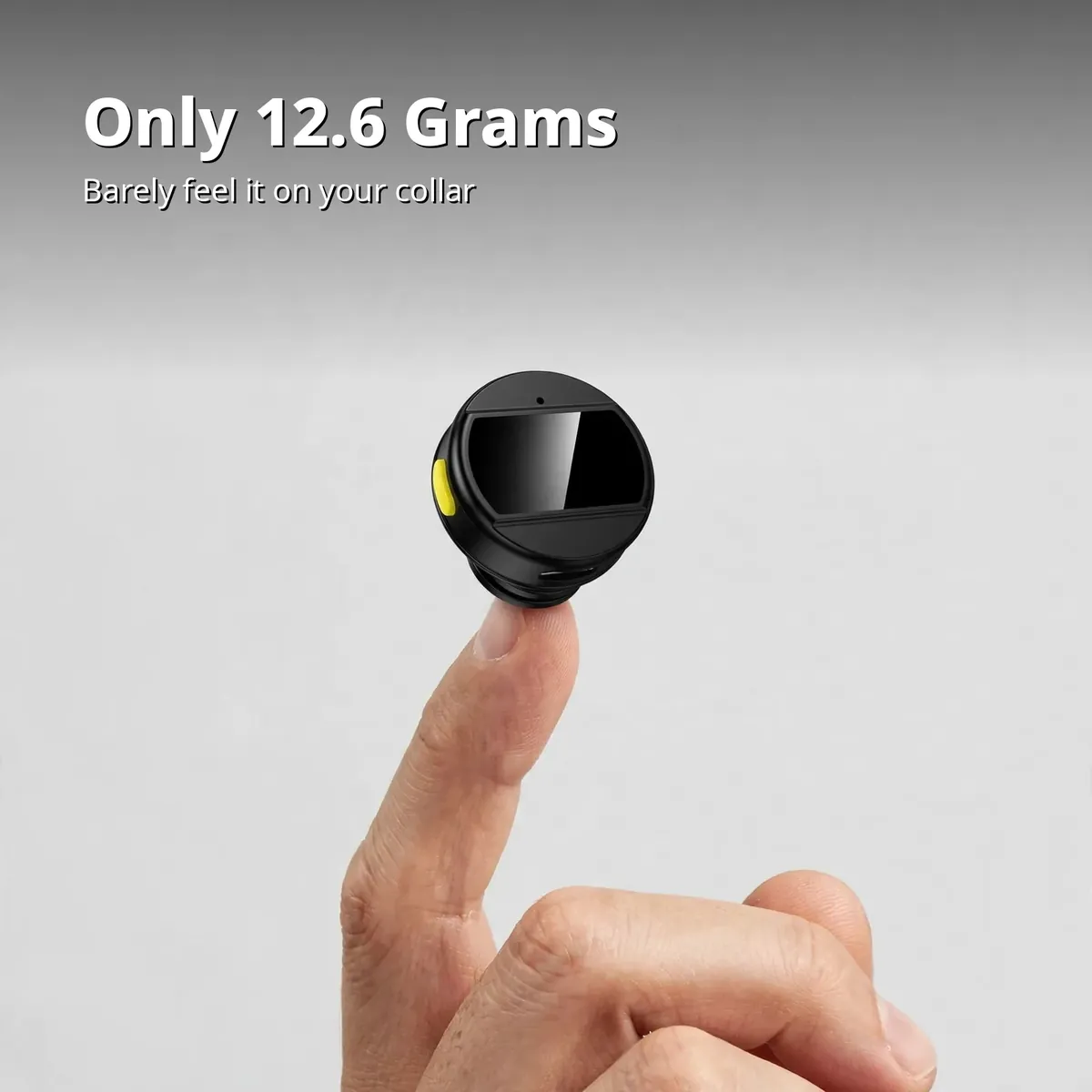 Hoco L21 weight feature card showing the round black wireless microphone balanced on a fingertip — Only 12.6 Grams. Barely feel it on your collar.