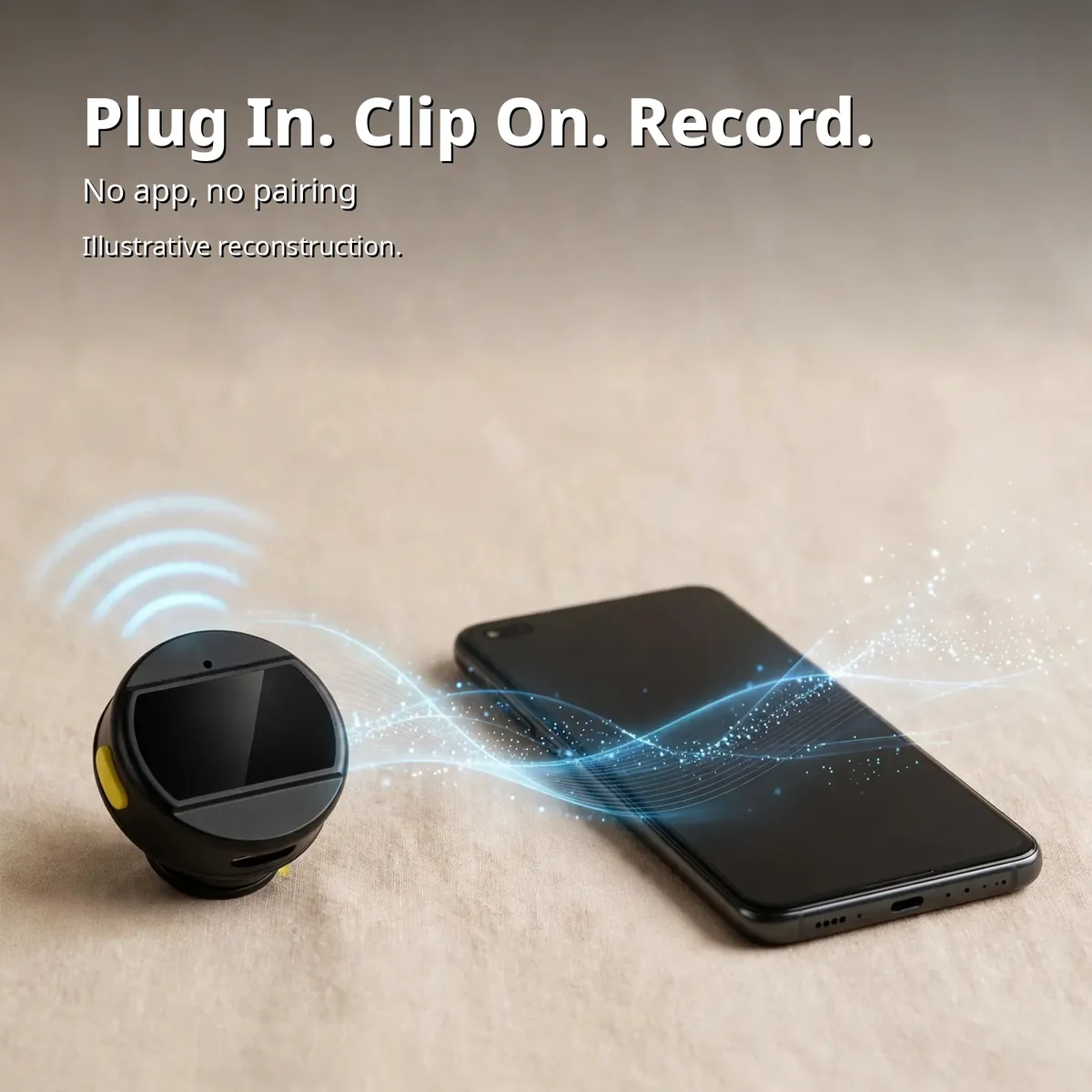 Hoco L21 plug-and-play infographic showing the round wireless microphone linked by blue wireless waves to an Android phone — Plug In. Clip On. Record. No app, no pairing. Illustrative reconstruction.
