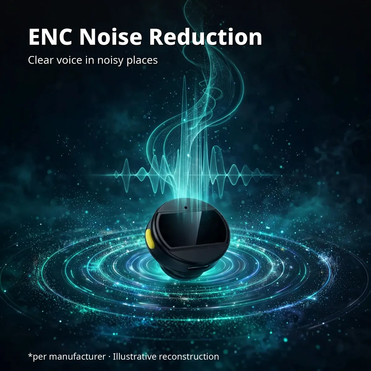 Hoco L21 ENC visualization showing a cleaned sound waveform rising from the round wireless microphone over glowing rings — ENC Noise Reduction. Clear voice in noisy places. Illustrative reconstruction.