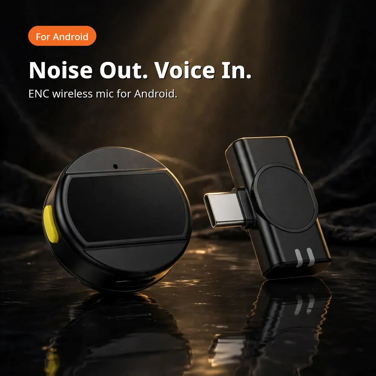 Hoco L21 promo hero showing the round black wireless microphone and the Type-C receiver on a dark golden backdrop — Noise Out. Voice In. ENC wireless mic for Android.