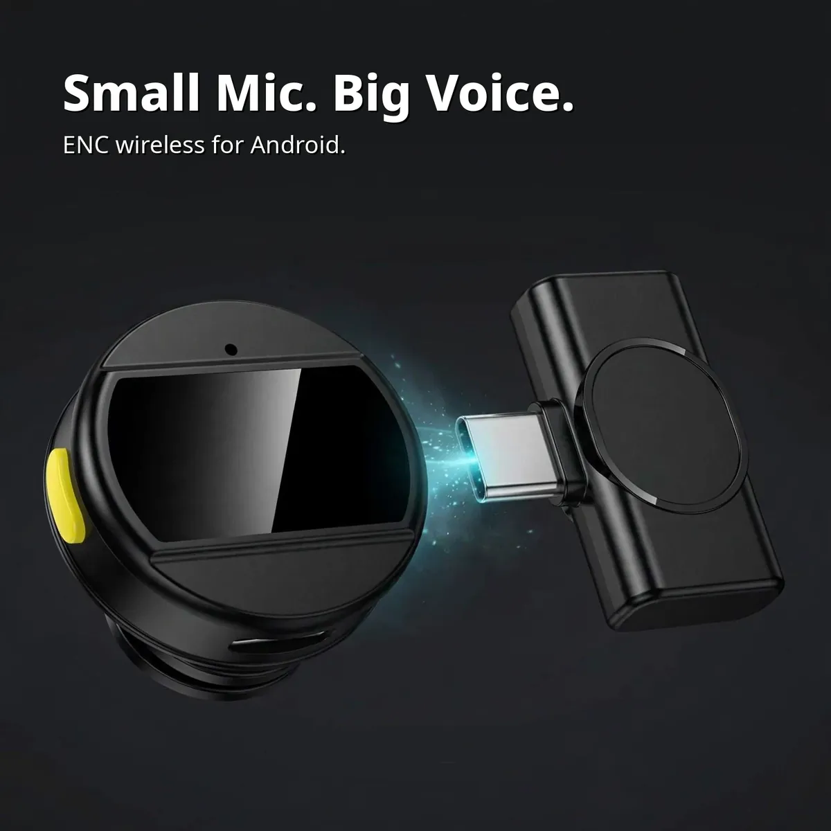 Hoco L21 product render showing the round wireless microphone and the Type-C receiver side by side — Small Mic. Big Voice. ENC wireless for Android.