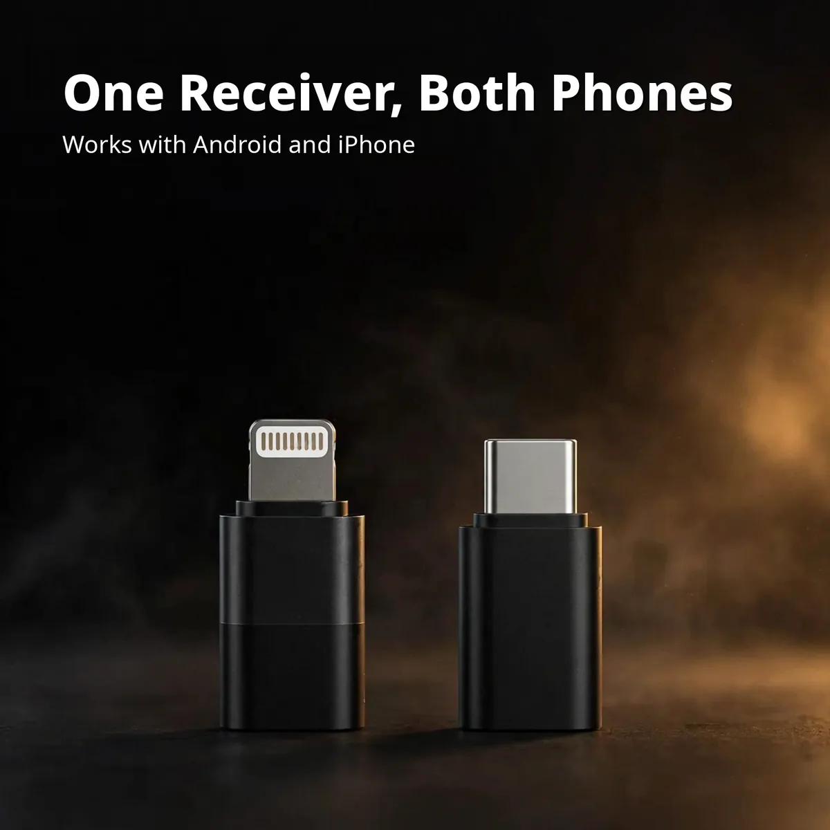 Hoco L22 2-in-1 receiver card showing Lightning and Type-C dongles — One Receiver, Both Phones on dark studio backdrop