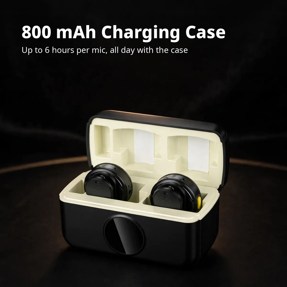 Hoco L22 charging case card showing the open 800 mAh case with docked mics — Up to 6 hours per mic headline